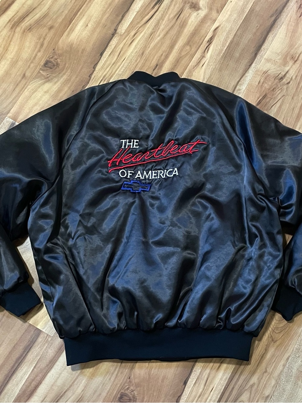 VTG 80s Chevy The Heartbeat Of America Satin Bomber Jacket XL Black WestArk USA